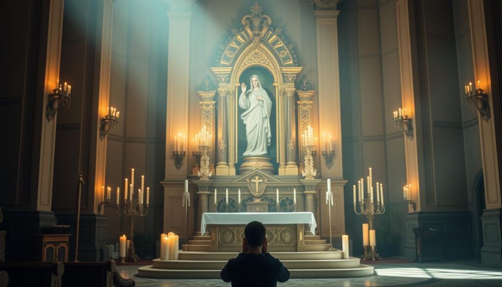 A serene, candlelit interior with an ornate altar dedicated to Saint Filomena. The altar is adorned with intricate carvings, gilded accents, and a radiant statue of the saint. Soft, warm lighting casts a gentle glow, creating an atmosphere of reverence and contemplation. In the foreground, a person kneels in prayer before the altar, their hands clasped and head bowed. The scene is captured from a slightly elevated angle, emphasizing the grandeur and solemnity of the moment. The overall composition evokes a sense of devotion, spirituality, and the power of faith.