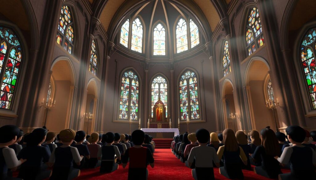A serene cathedral interior with stained glass windows and ornate arched ceilings. In the foreground, a group of Roblox avatars gathered for a virtual mass, their digital bodies kneeling in reverence. The soft light filters through the windows, casting a warm, ethereal glow over the scene. The middle ground showcases the altar, adorned with candles and religious iconography. In the background, a Discord server interface is subtly visible, hinting at the online community that has come together for this virtual spiritual gathering.