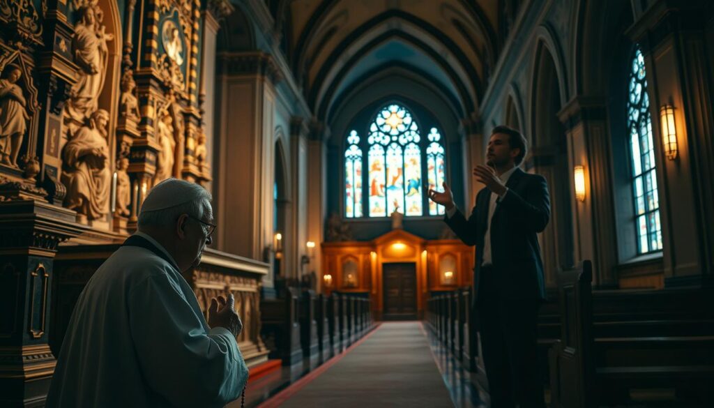 A serene church interior, dimly lit with soft, warm lighting. In the foreground, a Catholic devotee kneels before an ornate altar, rosary beads in hand, lost in quiet contemplation. In the middle ground, a Protestant Christian stands with hands raised in praise, eyes closed, connected to the divine through more expressive worship. The background reveals the architectural differences - the Catholic church adorned with intricate carvings, statues, and stained glass, while the Protestant chapel is more spare, prioritizing functionality over elaborate decoration. The scene captures the subtle yet distinct social and cultural practices that set these two Christian traditions apart.