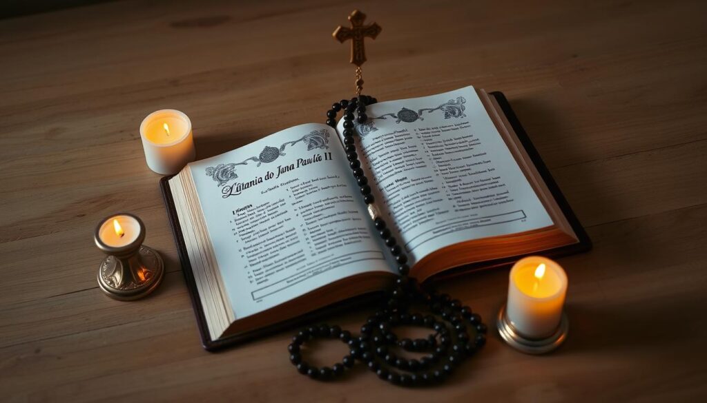 A serene, contemplative scene depicting an ornate Catholic prayer book open on a wooden table, surrounded by a rosary and candles. Soft, warm lighting illuminates the scene, casting gentle shadows. The book's pages display the "Litania do Świętego Jana Pawła II" in an elegant, calligraphic script. The composition evokes a meditative, reverent atmosphere, inviting the viewer to engage in daily prayer and reflection. The scene is framed by a plain, natural background, allowing the devotional elements to take center stage.