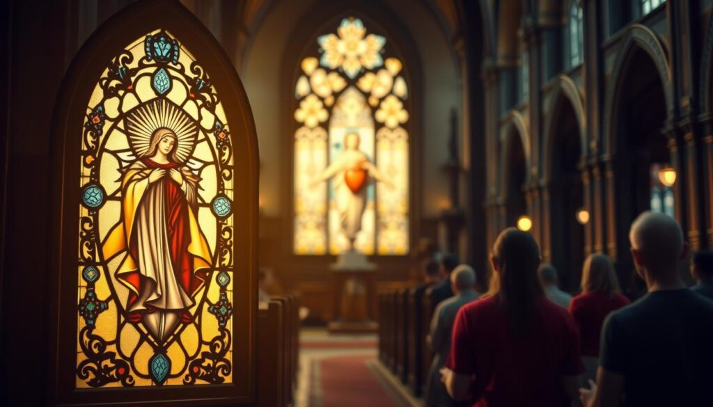 A serene, contemplative scene of the Litany of the Heart of the Mother as a tool for spiritual meditation. In the foreground, a detailed rendering of a classic stained glass window depicting the Sacred Heart of Mary, surrounded by a halo of soft, golden light. The middle ground features a church interior with ornate Gothic architecture and subdued lighting, creating an atmosphere of reverence and introspection. In the background, a blurred view of worshippers kneeling in prayerful contemplation, their faces obscured to emphasize the personal, introspective nature of the ritual. The overall composition evokes a sense of sacred, mystical beauty, inviting the viewer to engage with the profound spiritual significance of the Litany.