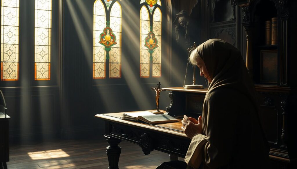 A serene, dimly lit interior with a widow kneeling before an ornate, antique wooden desk. Shafts of soft, golden light filter through stained glass windows, casting a warm, prayerful glow. On the desk sits a small crucifix and a leather-bound book, suggesting the litany and prayers for the deceased husband. The widow's face is obscured, her hands clasped in solemn supplication, conveying a sense of deep, contemplative mourning. The scene evokes a somber, reverent atmosphere, capturing the essence of the "Modlitwy i intencje zawarte w litanie" section.