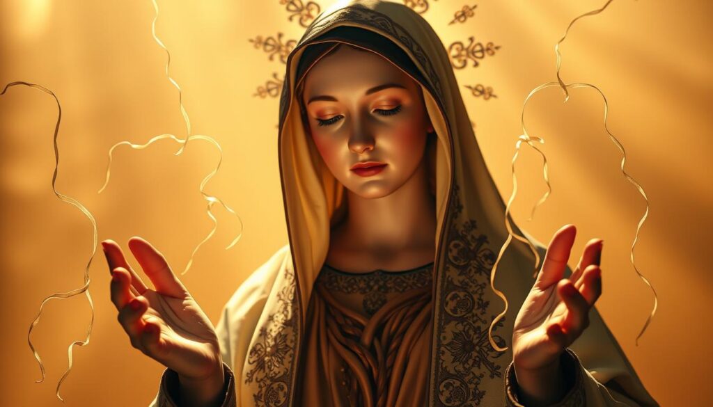 A serene, illuminated portrait of the Blessed Virgin Mary, Our Lady Undoer of Knots, set against a warm, ethereal backdrop. In the foreground, the Madonna's face radiates a gentle, compassionate glow, her hands outstretched in a gesture of release and absolution. Intricate details adorn her ornate robes, while a halo of celestial light crowns her head. In the middle ground, delicate threads and ribbons flow, symbolizing the tangled burdens and trials of the faithful. The background is awash in soft, heavenly tones, creating an atmosphere of tranquility and divine intercession. Dramatic lighting casts dramatic shadows, evoking a sense of reverence and wonder. The overall composition conveys the Blessed Mother's power to untangle the complexities of life and guide her children towards spiritual freedom. A serene, illuminated portrait of the Blessed Virgin Mary, Our Lady Undoer of Knots, set against a warm, ethereal backdrop. In the foreground, the Madonna's face radiates a gentle, compassionate glow, her hands outstretched in a gesture of release and absolution. Intricate details adorn her ornate robes, while a halo of celestial light crowns her head. In the middle ground, delicate threads and ribbons flow, symbolizing the tangled burdens and trials of the faithful. The background is awash in soft, heavenly tones, creating an atmosphere of tranquility and divine intercession. Dramatic lighting casts dramatic shadows, evoking a sense of reverence and wonder. The overall composition conveys the Blessed Mother's power to untangle the complexities of life and guide her children towards spiritual freedom.