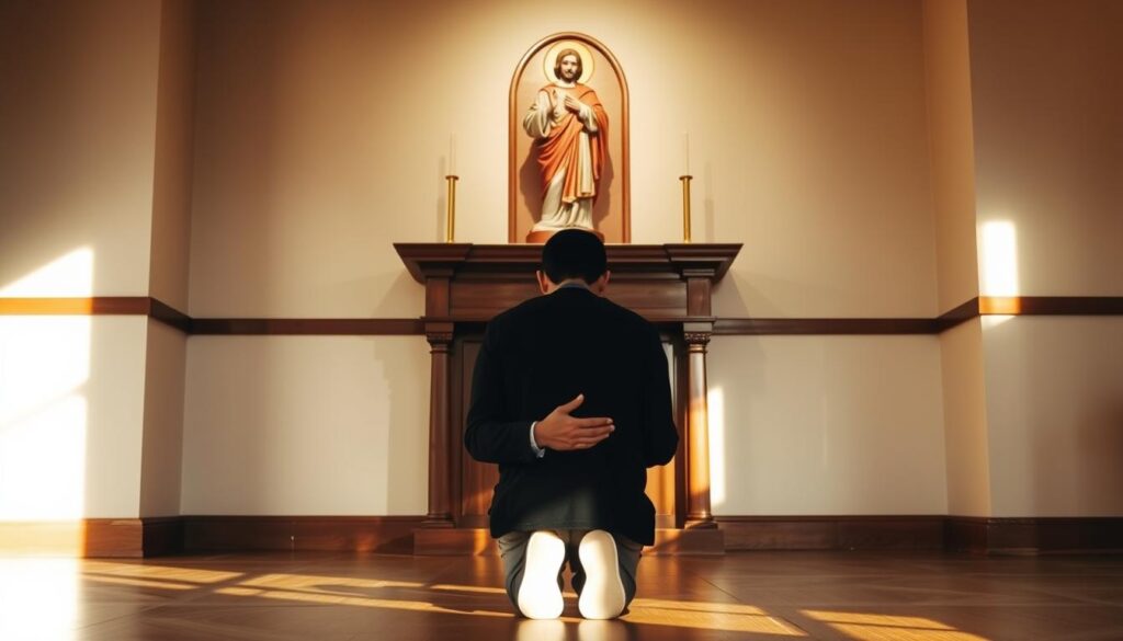 A serene indoor scene of a person kneeling in prayer before a wooden altar adorned with a statue of Saint Anthony of Padua. Soft, warm lighting bathes the space, creating an atmosphere of reverence and contemplation. The figure's hands are clasped, head bowed, as they seek the saint's intercession for the challenges of daily life. The background features simple, minimalist religious iconography, allowing the focus to remain on the act of supplication. Subtle hues of gold, brown, and ivory lend a sense of timelessness to the composition, inviting the viewer to join in the quiet moment of devotion.