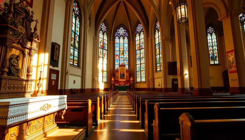 A serene interior of a Catholic church in Licheń, Poland, bathed in warm, soft lighting. In the foreground, an ornate altar with intricate carvings and religious iconography. The middle ground features sturdy wooden pews, arranged in neat rows, inviting worshippers to attend mass. In the background, towering stained-glass windows cast colorful patterns of light, evoking a contemplative and sacred atmosphere. The overall composition conveys the reverence and solemnity associated with the cost of a mass service in this renowned pilgrimage site.