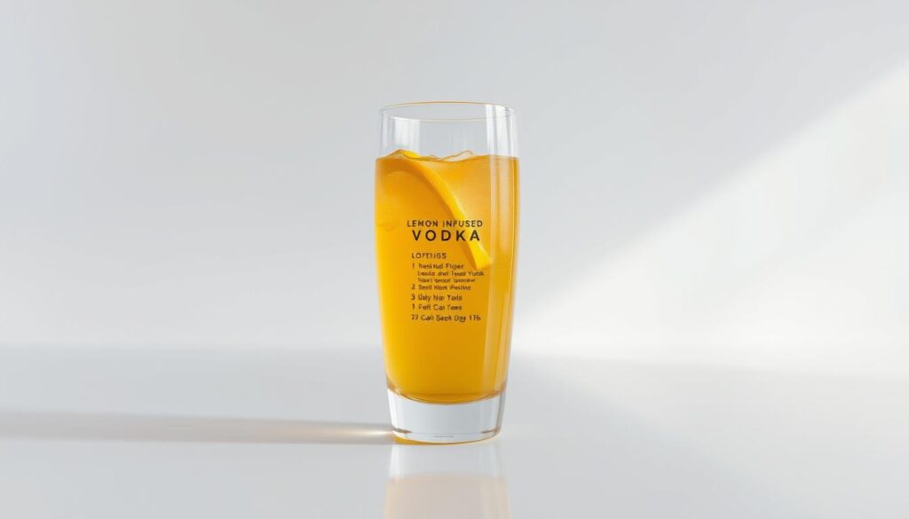 A sleek, crystal-clear glass holding a vibrant, lemon-infused vodka, positioned prominently on a pristine white surface. The liquid's golden hue casts a warm glow, illuminated by soft, natural lighting from an overhead source. The glass's curvature and reflection create a sense of depth and elegance. In the background, a simple, neutral backdrop allows the beverage to be the focal point, showcasing its distinct layers of flavors and the calorie content in various serving sizes, as indicated by discrete, minimalist labels. The overall composition exudes a refined, sophisticated atmosphere, inviting the viewer to consider the nuances of this distinctive spirit.