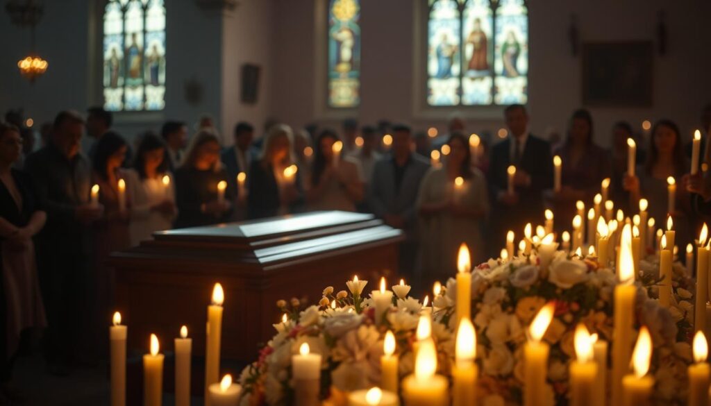 A solemn ceremony unfolds in a dimly lit church interior, the air thick with the scent of burning candles. In the foreground, a simple wooden casket rests amidst a sea of flickering flames, casting a warm glow on the somber faces of the mourners. The middle ground reveals intricate floral arrangements, their delicate petals a testament to the departed's life. In the background, stained glass windows filter the waning light, imbuing the scene with a sense of reverence and reflection. The mood is one of quiet contemplation, as the community gathers to honor the traditions and rituals associated with the burial of their loved one. A solemn ceremony unfolds in a dimly lit church interior, the air thick with the scent of burning candles. In the foreground, a simple wooden casket rests amidst a sea of flickering flames, casting a warm glow on the somber faces of the mourners. The middle ground reveals intricate floral arrangements, their delicate petals a testament to the departed's life. In the background, stained glass windows filter the waning light, imbuing the scene with a sense of reverence and reflection. The mood is one of quiet contemplation, as the community gathers to honor the traditions and rituals associated with the burial of their loved one.