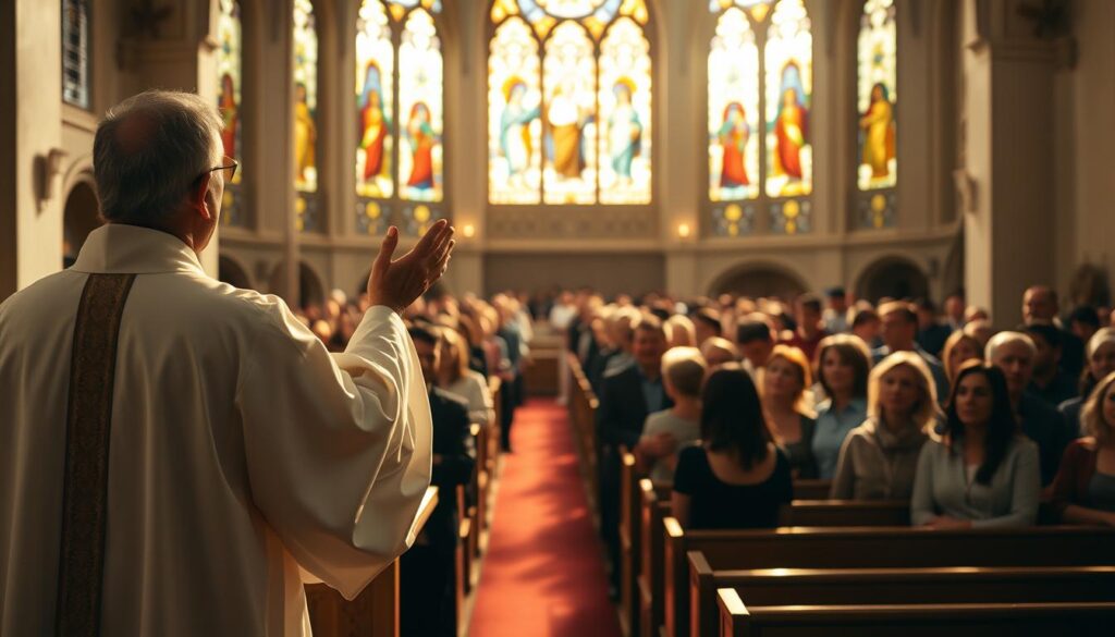 A solemn congregation gathers in the serene sanctuary of Obory, its soft lighting casting a warm glow upon the faithful. In the foreground, a priest stands at the altar, hands raised in blessing as he conducts a healing mass, his robes flowing gracefully. In the middle ground, rows of pews hold the devout, their faces etched with a mix of reverence and hope. The background is a tapestry of stained glass windows, their vibrant hues filtering the divine light that illuminates the sacred space. An atmosphere of tranquility and healing permeates the scene, as the congregation seeks solace and restoration within the hallowed walls of this revered sanctuary.