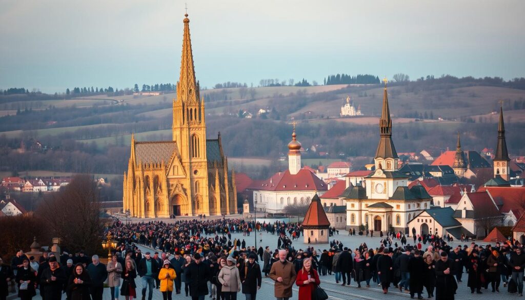 A sprawling, picturesque landscape of Poland's iconic Marian shrines and pilgrimage sites. In the foreground, a grand cathedral or basilica stands tall, its Gothic spires and ornate facades bathed in warm, golden light. In the middle ground, throngs of devout pilgrims meander through serene, cobblestone plazas, carrying candles and rosaries. The background reveals rolling hills dotted with smaller chapels and monasteries, their modest steeples reaching skyward. The scene evokes a sense of profound spiritual devotion and the deep-rooted religious culture that permeates this region, capturing the essence of Poland's cherished Marian tourism.