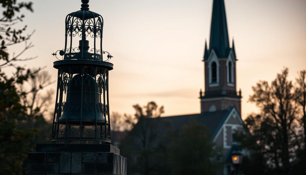 A stately Polish church stands tall, its steeple reaching skyward. The evening air is hushed as the church bells begin to toll, their deep, resonant chimes echoing through the quiet streets. The warm glow of candlelight flickers in the windows, casting a soft, reverent light across the scene. In the foreground, the bell tower looms, its intricate metalwork and weathered stone surfaces capturing the essence of tradition and timelessness. The surrounding landscape is bathed in a serene, golden hue, heightening the sense of tranquility and spiritual contemplation. This image captures the solemn beauty and timeless ritual of the church bells ringing at 9 pm, a poignant symbol of the customs and beliefs that have endured within this Polish community.