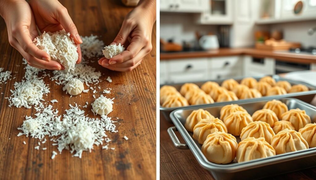 A step-by-step visual guide to preparing traditional Polish coconut macaroons (kokosanki). In the foreground, a wooden work surface showcases the essential ingredients - shredded coconut, sweetened condensed milk, and a sprinkling of flour. Hands gently form the coconut mixture into small, uniform mounds, capturing the tactile process. The middle ground features the macaroons baking in a classic metal baking tray, emitting a warm, inviting aroma. The background depicts a rustic kitchen setting, with hints of white cabinets and natural light filtering in, creating a cozy, homemade ambiance. The lighting is soft and diffused, highlighting the golden-brown hue of the freshly baked treats. Capture the essence of traditional Polish baking with this step-by-step visual guide to kokosanki.