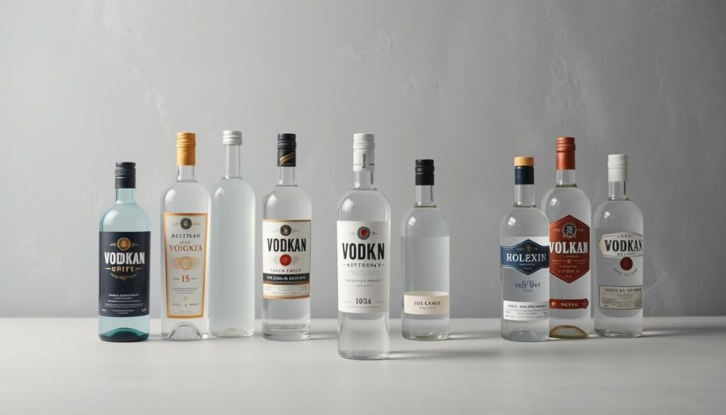 A stylish still life showcasing different types of vodka bottles against a clean, minimalist backdrop. The bottles are arranged in the foreground, their shapes and labels clearly visible, reflecting the varied nature of vodka varieties. Soft, diffused lighting highlights the glass and liquid, creating a refined, high-quality aesthetic. The middle ground features a simple, neutral-colored surface, allowing the vodka bottles to take center stage. The background is a subtly textured, muted color that complements the overall composition, creating a sense of sophistication and elegance. The overall mood is one of refined simplicity, drawing the viewer's attention to the distinct characteristics of the various vodka types.