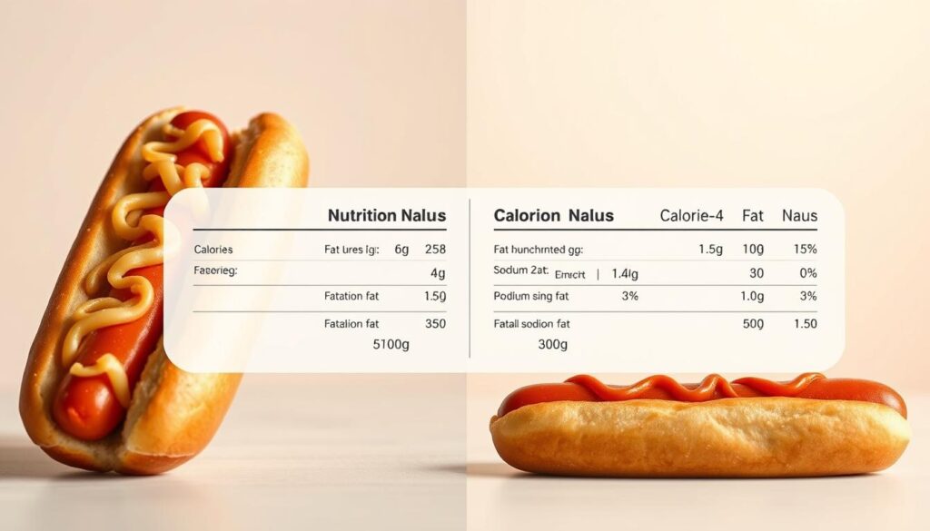 A stylized side-by-side comparison of the nutritional values and caloric content of a traditional hot dog from Biedronka, a popular Polish grocery store chain. The image should feature a crisp, photorealistic rendering of the hot dogs against a clean, minimalist background. The foreground should emphasize the hot dogs with precise details like texture, toppings, and buns. The middle ground should display clear, easy-to-read nutritional information, including calorie counts, fat, and sodium levels. The background should have a subtle gradient or soft blur, creating a sense of depth and focus on the key elements. The overall mood should be informative and visually compelling, guiding the viewer's attention to the critical data points that impact dietary choices.