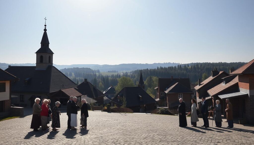 A sun-drenched village square in rural Poland, with a towering church steeple casting long shadows across the cobblestoned ground. In the foreground, a cluster of elderly parishioners engaged in hushed conversation, their faces etched with concern as they ponder the cost of the priest's services for a local funeral. The middle ground features a wide variety of regional architectural styles, from quaint thatched-roof cottages to sturdy brick buildings, hinting at the diverse economic and cultural landscape. In the background, rolling hills and lush forests recede into the distance, evoking a sense of tranquility and timelessness that belies the subtle complexities of local funeral customs and their associated fees. A sun-drenched village square in rural Poland, with a towering church steeple casting long shadows across the cobblestoned ground. In the foreground, a cluster of elderly parishioners engaged in hushed conversation, their faces etched with concern as they ponder the cost of the priest's services for a local funeral. The middle ground features a wide variety of regional architectural styles, from quaint thatched-roof cottages to sturdy brick buildings, hinting at the diverse economic and cultural landscape. In the background, rolling hills and lush forests recede into the distance, evoking a sense of tranquility and timelessness that belies the subtle complexities of local funeral customs and their associated fees.