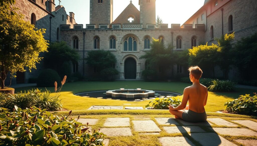 A tranquil Catholic monastery garden, bathed in warm afternoon sunlight. In the foreground, a yogi sits in a serene lotus position, peacefully meditating. The middle ground features a small pond with water lilies, surrounded by lush, verdant foliage. In the background, the towering stone walls of the monastery create a sense of solemnity and contemplation. The scene exudes a harmonious blend of spiritual practices, conveying a thoughtful, introspective atmosphere suitable for the "Rekomendacje dla katolików" section.