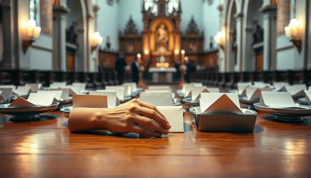 A tranquil scene within a Catholic church, the soft glow of candlelight illuminating a collection of offering plates and envelopes, symbolizing the faithful's contributions to perpetual masses. In the foreground, a pair of praying hands rest atop the wooden surface, conveying the reverence and solemnity of the ritual. The middle ground features a detailed depiction of the donation process, with individuals discreetly placing their offerings into the receptacles. The background showcases the ornate architectural elements of the church, lending an air of grandeur and sacredness to the moment. The overall atmosphere is one of contemplation, devotion, and the timeless tradition of supporting the eternal masses through personal sacrifices.