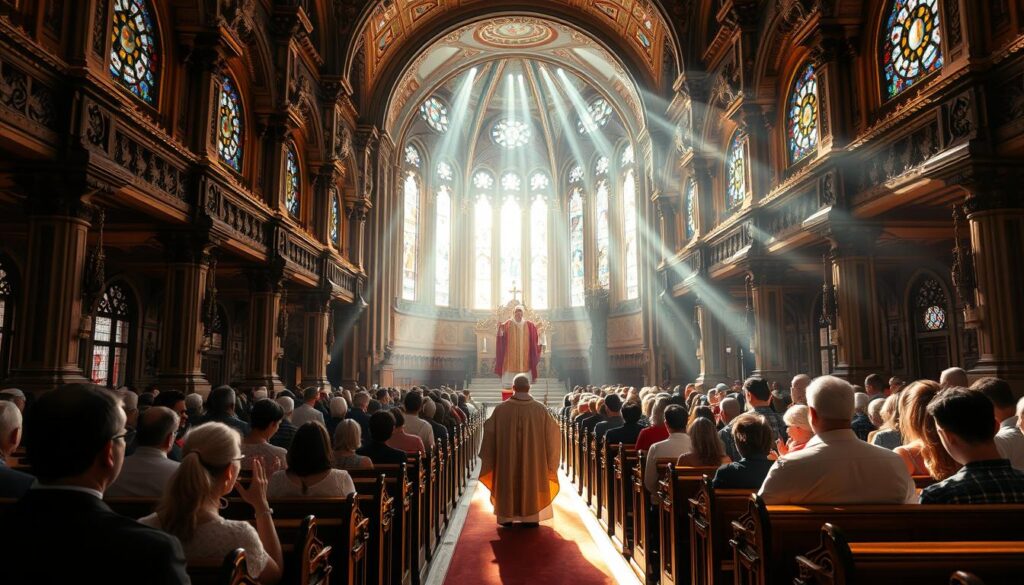 A vast, ornate sanctuary with a soaring ceiling, ornate altars, and stained-glass windows. Rows of wooden pews line the central aisle, filled with worshippers in reverent prayer. Sunlight streams through the windows, casting a warm, ethereal glow over the scene. The priest, clad in ceremonial robes, leads the congregation in the sacred liturgy, his voice echoing through the sacred space. The atmosphere is one of profound solemnity and devotion, as the faithful come together to celebrate the holy mass in this hallowed sanctuary.