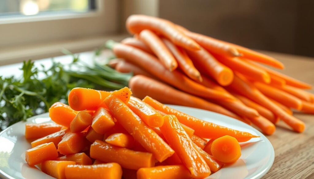 A vibrant still life showcasing a comparison of cooked and raw carrots. In the foreground, a beautifully plated serving of tender, golden-hued cooked carrots, their surfaces glistening with a light glaze. In the middle ground, a pile of freshly harvested, crisp raw carrots, their deep orange hues and robust texture contrasting with the softened cooked version. Subtle shadows and warm, natural lighting from an unseen window accentuate the organic shapes and textures. The composition is balanced and visually appealing, inviting the viewer to appreciate the differences in caloric content and nutritional profiles between the two preparation methods.