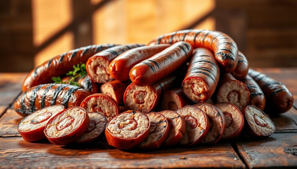 A visually appealing still life depicting various types of grilled sausages, arranged on a rustic wooden table. The sausages, including kielbasa, bratwurst, and other regional varieties, are shown in cross-section to reveal their internal structures and highlight their different colors, textures, and fat content. The scene is illuminated by warm, natural lighting, casting shadows that add depth and dimension. The background is slightly blurred, keeping the focus on the sausages and their nuanced differences in calories and nutritional value. The overall mood is one of culinary exploration and appreciation for the diverse flavors and characteristics of grilled meats. A visually appealing still life depicting various types of grilled sausages, arranged on a rustic wooden table. The sausages, including kielbasa, bratwurst, and other regional varieties, are shown in cross-section to reveal their internal structures and highlight their different colors, textures, and fat content. The scene is illuminated by warm, natural lighting, casting shadows that add depth and dimension. The background is slightly blurred, keeping the focus on the sausages and their nuanced differences in calories and nutritional value. The overall mood is one of culinary exploration and appreciation for the diverse flavors and characteristics of grilled meats.