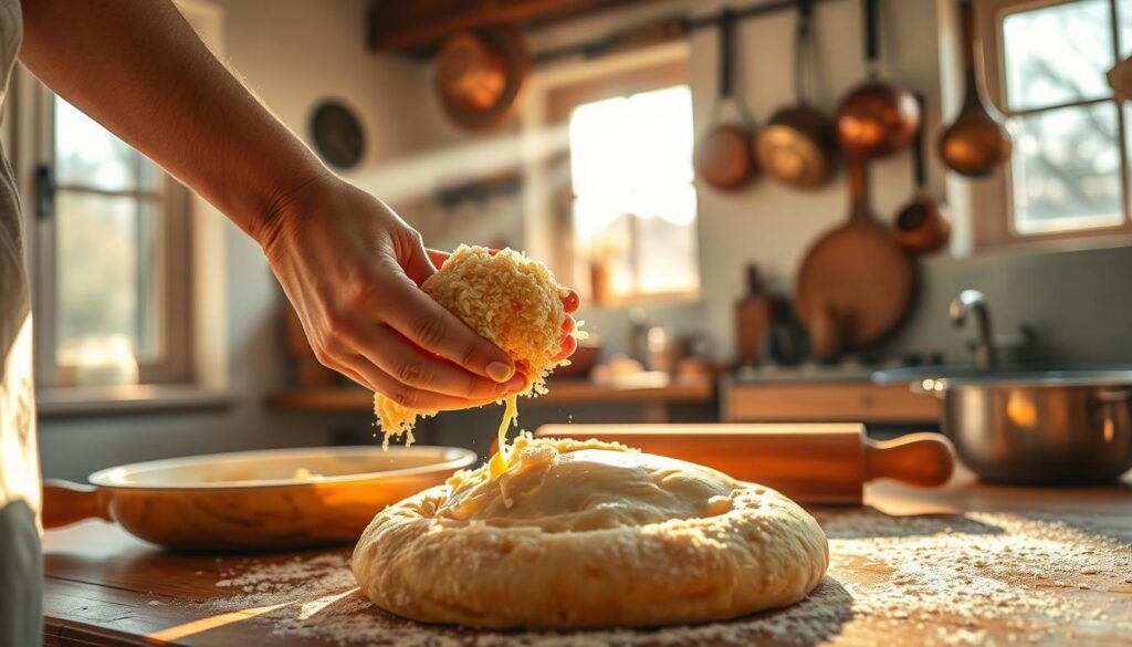 A warm, inviting kitchen scene featuring the preparation of a traditional Polish honey cake, or "miodownik", with semolina flour (kasha manna). In the foreground, a skilled baker's hands carefully incorporate the semolina into the honey-sweetened dough, creating a smooth, glossy texture. Sunlight streams in through a large window, casting a golden glow over the process. In the middle ground, a wooden rolling pin and a dusting of flour on the counter suggest the next steps of shaping and baking the cake. The background showcases the cozy, homey atmosphere of the kitchen, with copper pots and pans hanging on the walls and the faint aroma of spices in the air, evoking the comforting traditions of Polish baking.