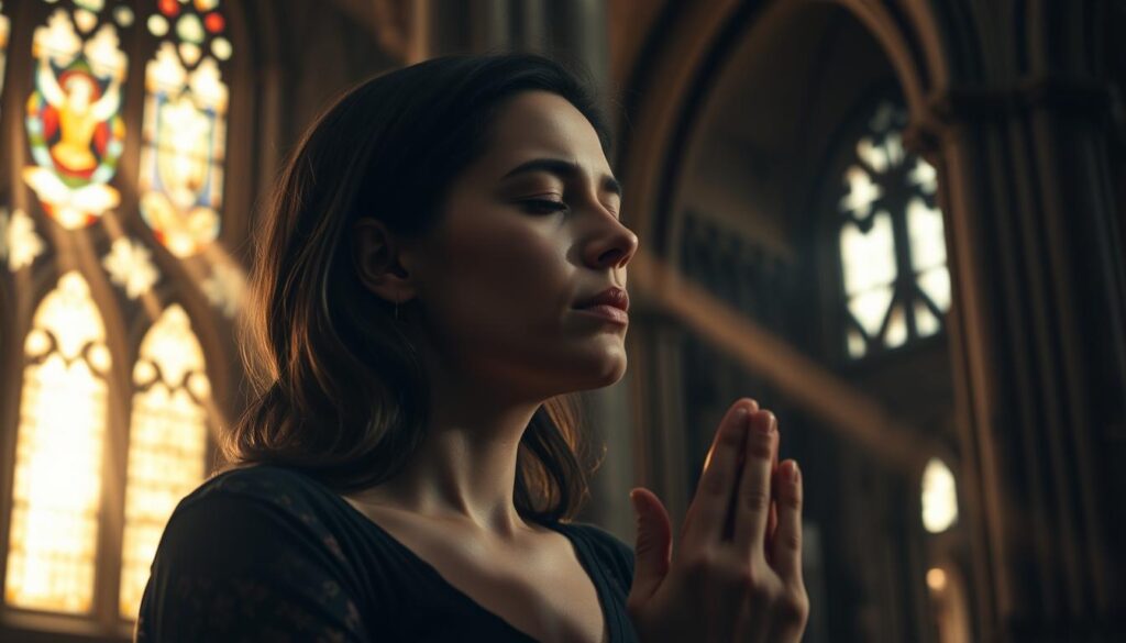 An intense, focused woman kneeling in prayer, her eyes closed and brow furrowed in deep concentration. Beams of warm, golden light stream through a stained glass window, casting an ethereal glow on her features. The background is a dimly lit, ornate cathedral interior, with intricate stone arches and columns receding into the shadows. A sense of reverence and spiritual devotion permeates the scene, conveying the power and sincerity of her "effective prayer that requires commitment".