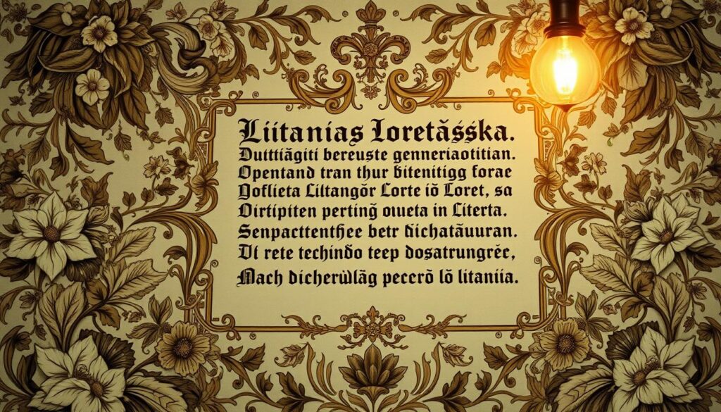 An ornate, illuminated manuscript-style rendering of the "Litania loretańska" (Litany of Loreto) prayer text in a classic Gothic script against an intricate floral and foliage background. The text is written in elegant calligraphic style, with ornate flourishes and embellishments. The composition features a central panel displaying the prayer, surrounded by a border of lush, detailed botanical illustrations in muted, earthy tones. Soft, warm lighting from above casts a reverent, contemplative atmosphere, evoking the meditative nature of the prayer. The overall effect is one of devotional solemnity and timeless spiritual tradition.