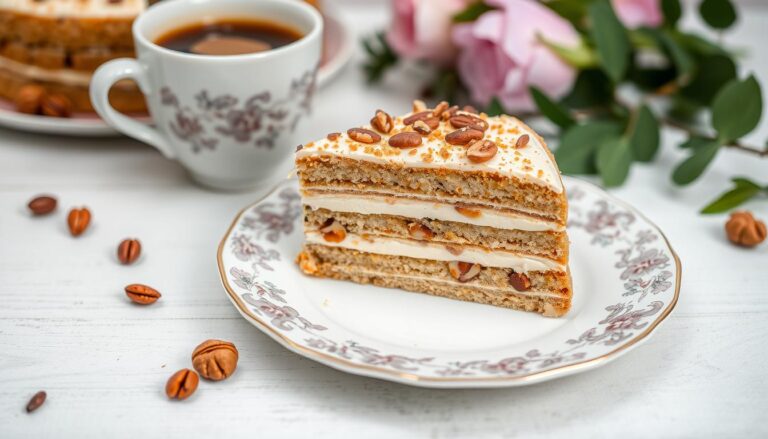 Ciasto wiewiórka siostry Anastazji na talerzu z filiżanką kawy