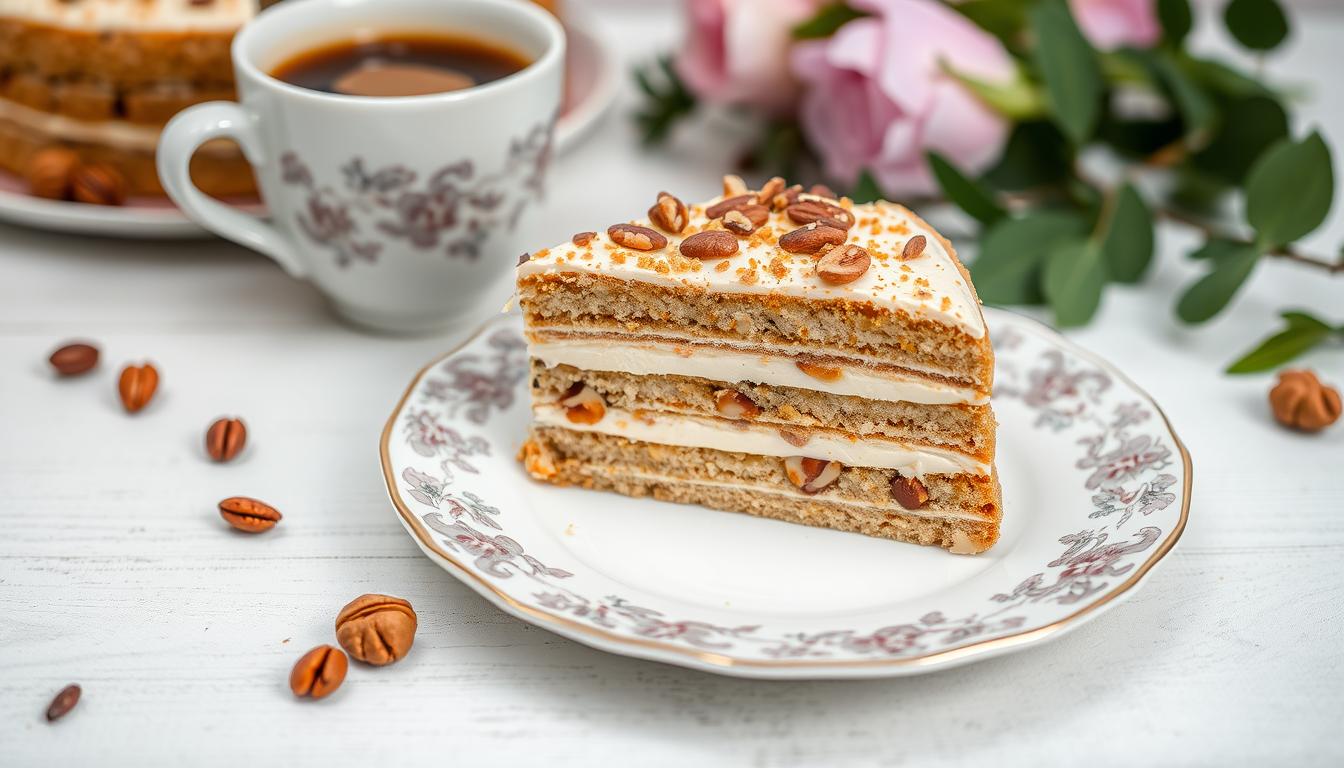 Ciasto wiewiórka siostry Anastazji na talerzu z filiżanką kawy