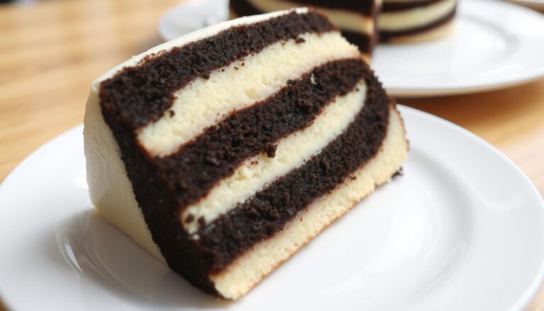 Ciasto zebra siostry Anastazji na talerzu z charakterystycznym wzorem pasków