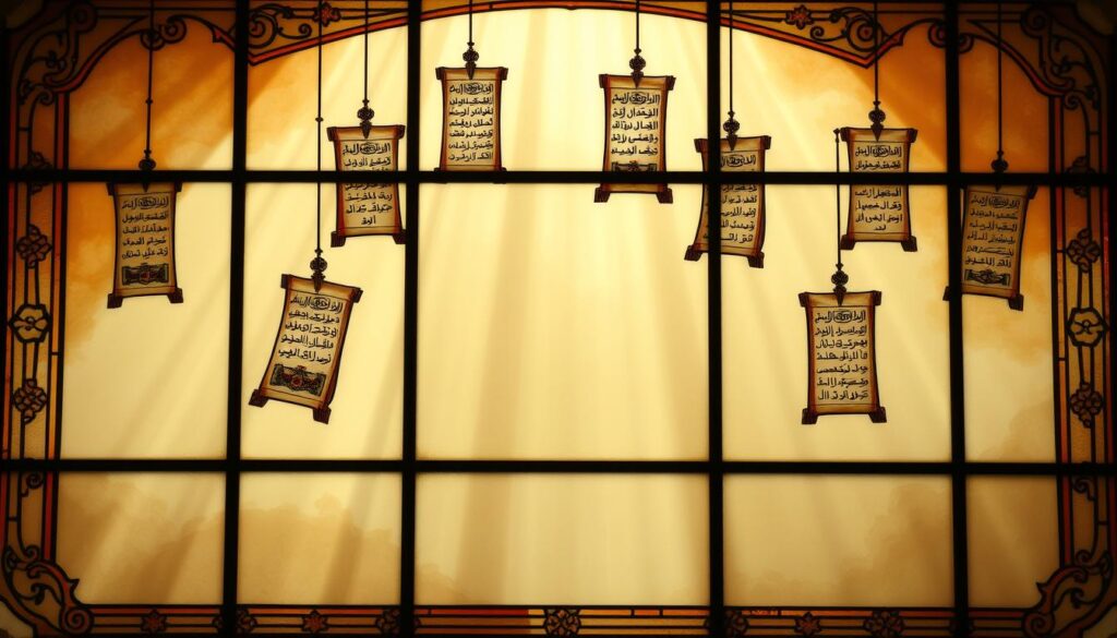 Elegant stained glass window depicting a serene scene of 15 distinct prayer scrolls floating in a warm, ethereal light. The scrolls are adorned with ornate calligraphy and religious iconography, conveying a sense of reverence and contemplation. The background features a soft, hazy gradient, allowing the scrolls to stand out prominently. The composition is balanced and symmetrical, creating a visually harmonious and meditative atmosphere. Subtle beams of light shine through the window, adding depth and a sense of the divine. The overall aesthetic evokes a feeling of sacred ritual and the transformative power of spiritual practice.