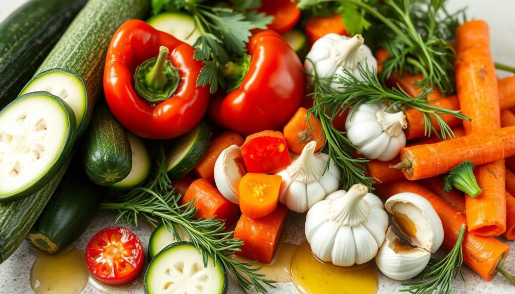 Ingredients for a vibrant zucchini salad for winter: a bountiful arrangement of freshly harvested zucchini slices, crisp red bell peppers, crunchy carrots, pungent garlic cloves, aromatic dill sprigs, and a drizzle of golden olive oil, all illuminated by soft natural lighting and captured from a slightly elevated angle to showcase the textures and colors of this flavorful seasonal dish.