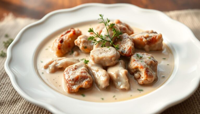 Królik w śmietanie siostry Anastazji podany na eleganckim talerzu z ziołami