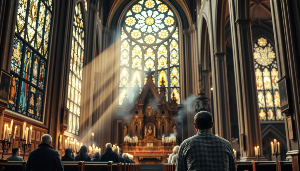 Litania Loretańska i tradycyjne modlitwy katolickie: A serene and ornate cathedral interior, with intricate stained glass windows casting warm, filtered light onto the ornate altar and religious iconography. In the foreground, a worshiper kneels in prayer, surrounded by the soothing ambiance of candlelight and the scent of incense. The middle ground features a choir of robed figures, their voices raised in solemn hymns, while the background showcases grand, vaulted ceilings and a sense of timeless reverence. The scene conveys a profound atmosphere of devotion, tradition, and the enduring power of Catholic faith.