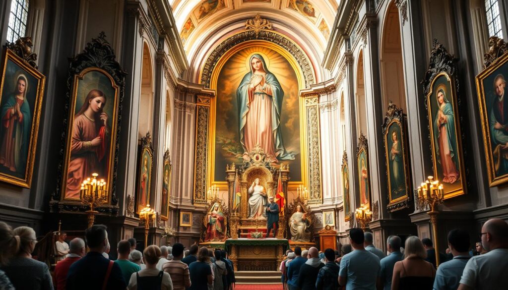 Magnificent Marian masterpieces adorn the sacred sanctuaries of Poland, each a captivating tableau of divine grace. Soft, warm lighting illuminates the ornate frames, casting a reverent glow upon the meticulously rendered features of the Virgin Mother. Intricate brushwork brings to life the serene expressions and delicate, celestial raiments, drawing the viewer into a realm of profound spirituality. Towering altars serve as grand stages, their ornate designs and gilded accents creating an atmosphere of profound mystery and awe. Worshippers kneel in reverence, their faces aglow with devotion, as these miraculous images inspire profound contemplation of the divine. Capture the majesty and devotion of Poland's sacred Marian sanctuaries.