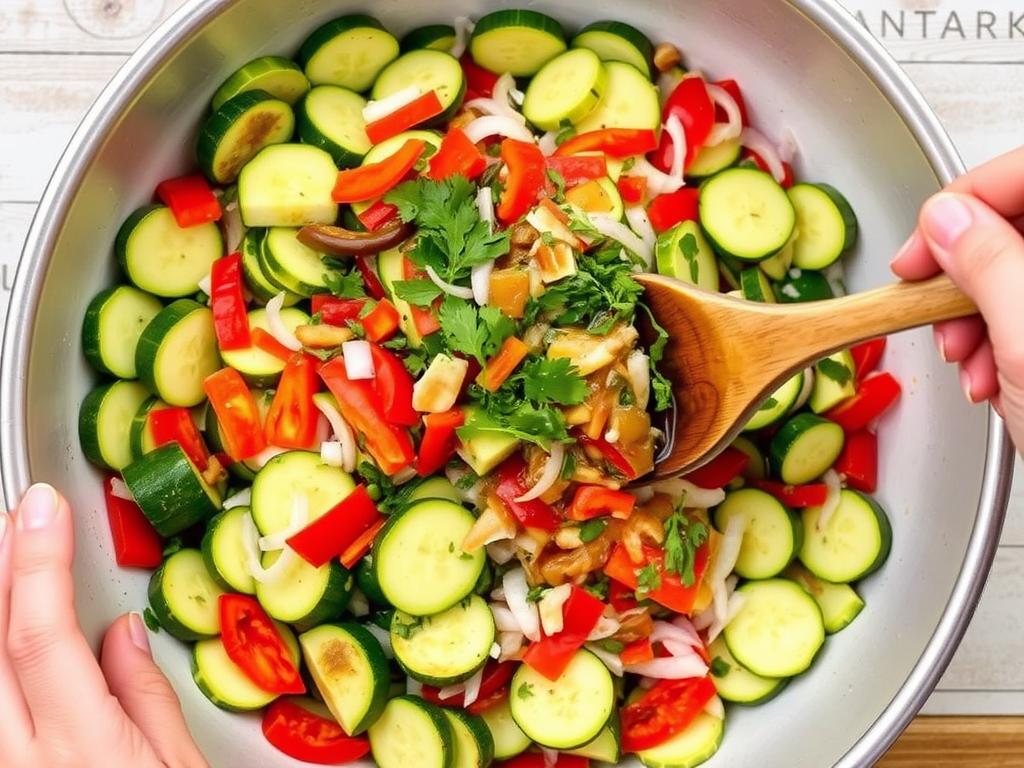 Mieszanie wszystkich składników sałatki z cukinii z zalewą w dużej misce