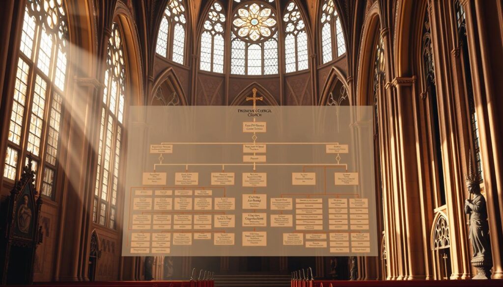 Organizational structure of the evangelical and catholic church, showcasing the hierarchical framework and distinct roles within each denomination. A detailed architectural rendering, depicted in a warm, muted color palette, illuminated by natural light streaming through ornate stained glass windows. The foreground features ornate religious symbols and iconography, symbolizing the spiritual foundations. The middle ground displays the intricate organizational chart, with clearly defined positions and responsibilities. The background offers a panoramic view of the grand, imposing cathedral structure, conveying a sense of tradition and reverence. Rendered with a high level of technical precision and artistic finesse to capture the essence of the subject.