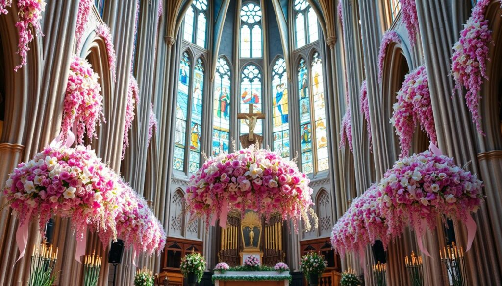 Ornate Easter decorations adorning a grand cathedral interior. Vibrant hues of pastel pink, lavender, and daffodil yellow accentuate the soaring architecture. Intricate floral arrangements cascade down the altar, complemented by delicate ribbons and gilded accents. Soft, warm lighting filters through stained glass windows, casting a heavenly glow. The space exudes a serene, reverent atmosphere, inviting contemplation and celebration of the Easter season.