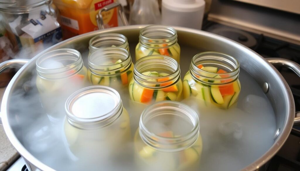 Proces pasteryzacji słoików z sałatką z cukinii na zimę siostry anieli