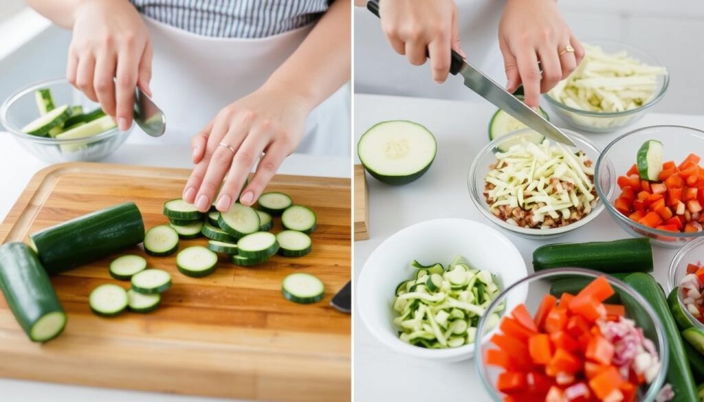Proces przygotowania sałatki z cukinii na zimę - krojenie warzyw na desce