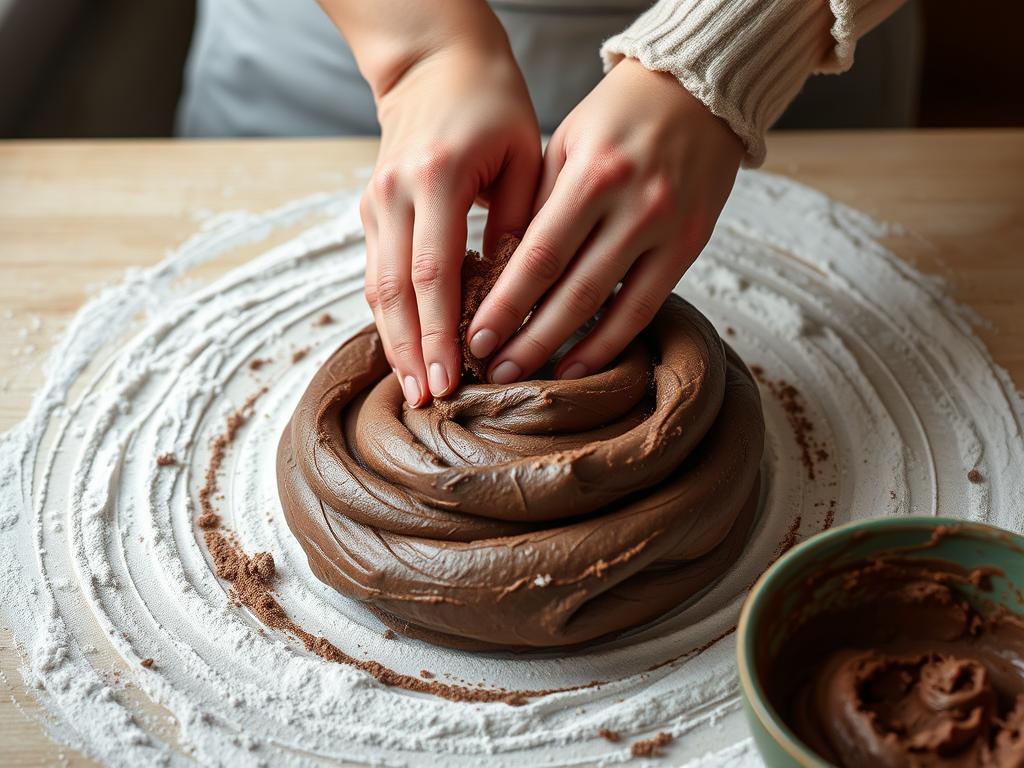 Proces zagniatania ciasta kakaowego na sernik Siostry Anieli