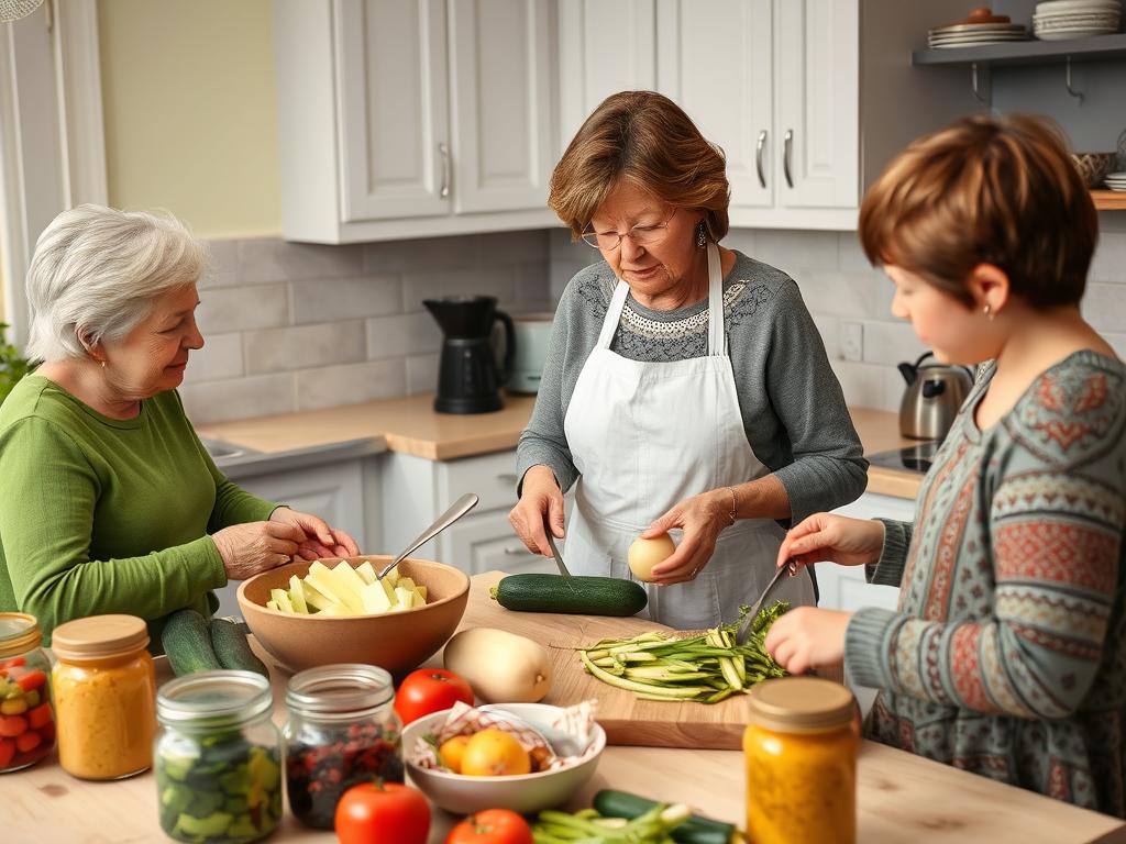 Rodzina wspólnie przygotowująca sałatkę z cukinii na zimę według przepisu siostry anieli