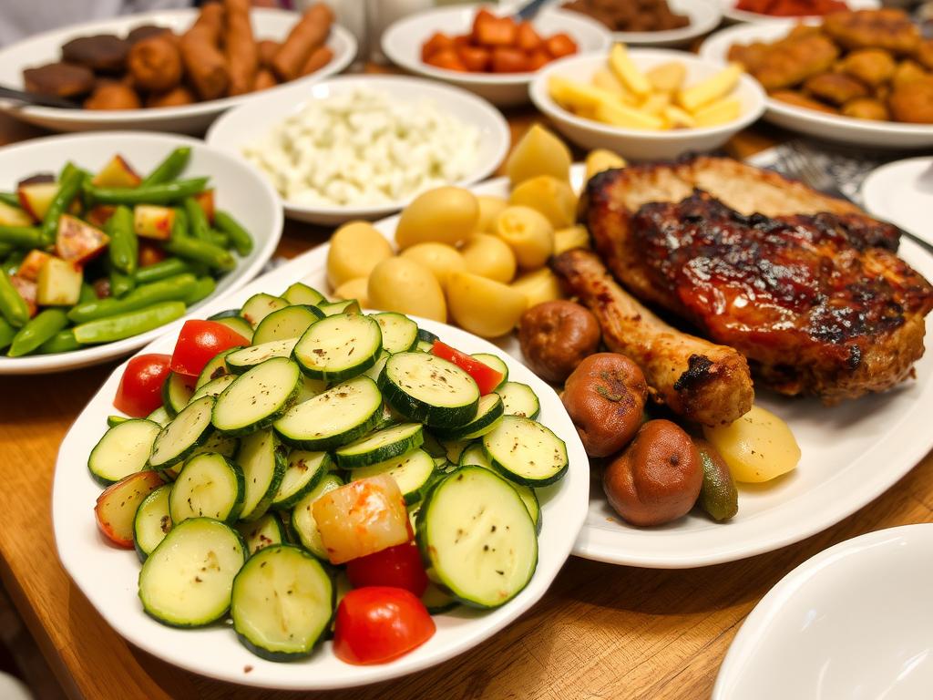 Sałatka z cukinii podana jako dodatek do tradycyjnego polskiego obiadu