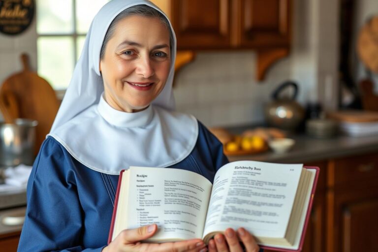 Siostra Anastazja z książką kucharską zawierającą przepis na jagodzianki