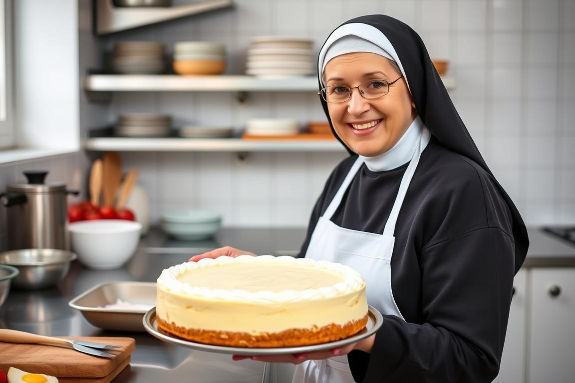 Siostra Aniela Garecka w kuchni przygotowująca sernik