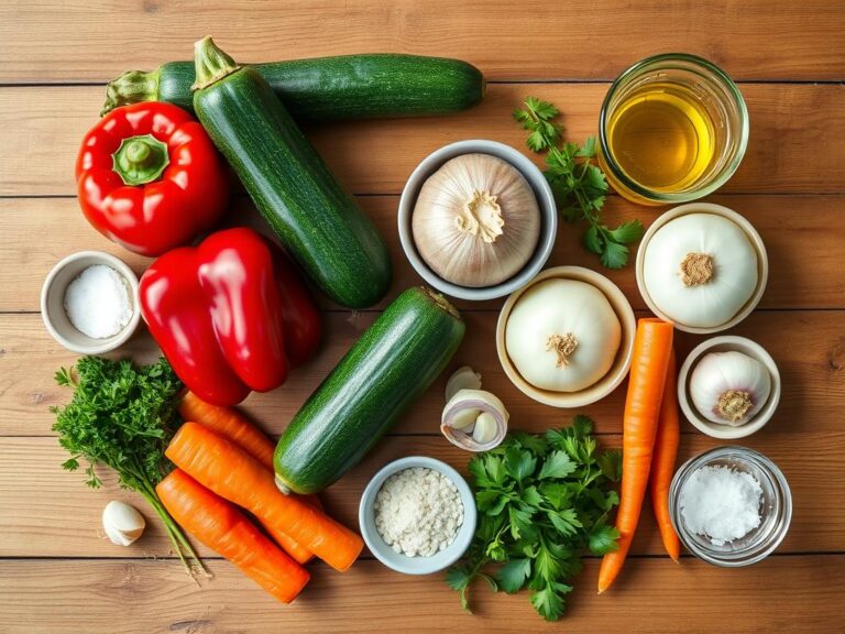 Składniki potrzebne do przygotowania sałatki z cukinii na zimę siostry anieli ułożone na drewnianym stole