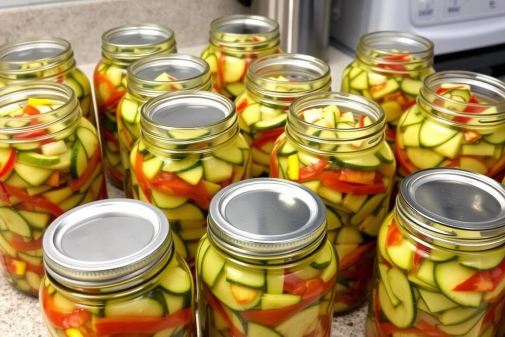 Słoiki wypełnione kolorową sałatką z cukinii na zimę siostry anieli gotowe do pasteryzacji
