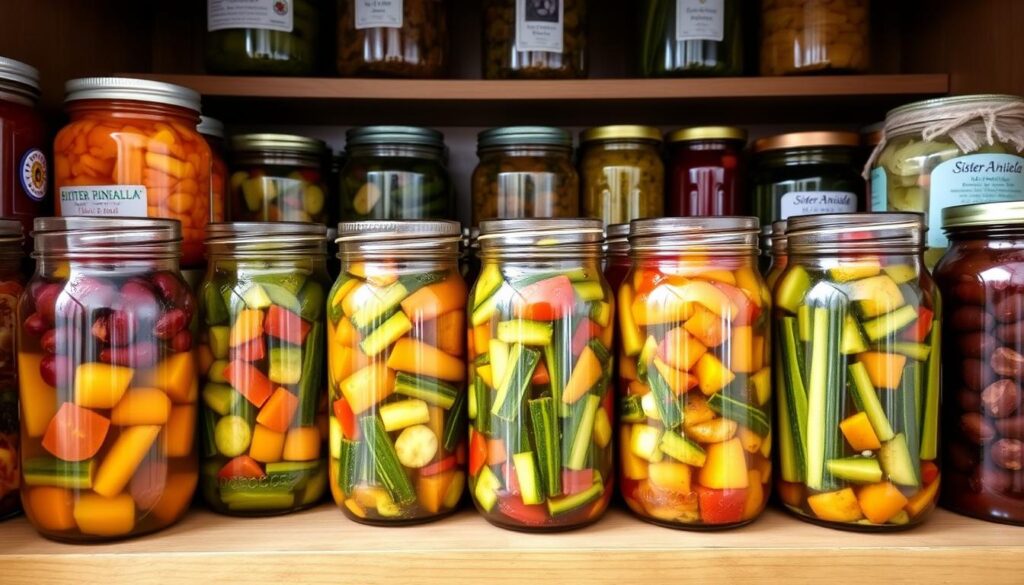 Słoiki z kolorową sałatką z cukinii na zimę siostry anieli ustawione na półce w spiżarni