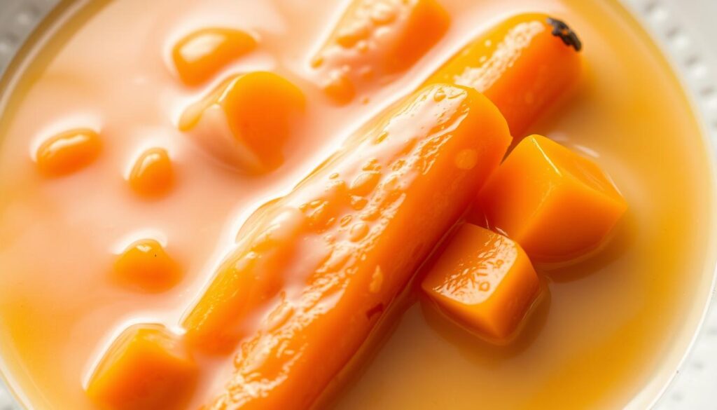 Steaming, golden-hued carrots simmered in a pool of rich, creamy butter, their tender flesh glistening under the soft, warm light. Elegant plating showcases the dish's delicate balance, with a mouthwatering aroma that beckons the senses. Captured from an elevated angle, the image exudes an inviting, comforting atmosphere, perfectly suited to illustrate the "Marchewka na diecie: Porady i rekomendacje" section of the article "Ile Kalorii ma Marchewka? [Surowa, Gotowana, Kcal, Waga]."