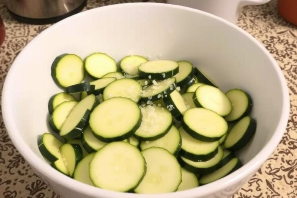 Warzywa posypane solą w misce, puszczające sok - etap przygotowania sałatki z cukinii
