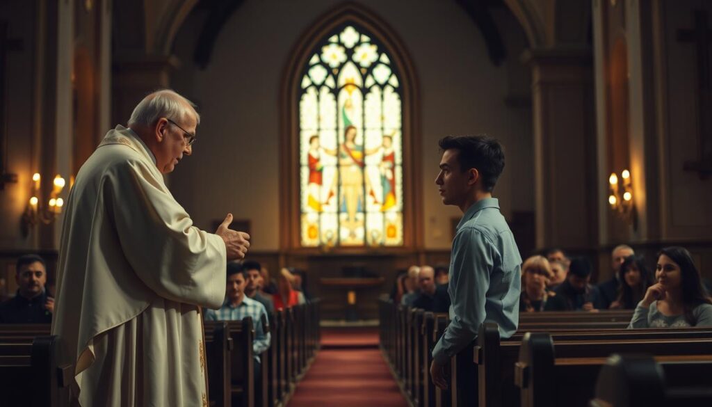 A Catholic church interior, dimly lit with warm, muted lighting. In the foreground, a priest stands at the altar, solemnly gesturing as he speaks to a young married couple kneeling before him. The couple's expressions are solemn, yet hopeful. In the middle ground, pews filled with congregants, their faces reflecting a mixture of reverence and contemplation. The background is a stained-glass window, casting a soft, ethereal glow throughout the scene. The overall mood is one of reverence, introspection, and the weight of a sacred decision. The image conveys the gravity and sensitivity of the subject matter - the discussion of dispensation regarding the use of contraception within a Catholic marriage.